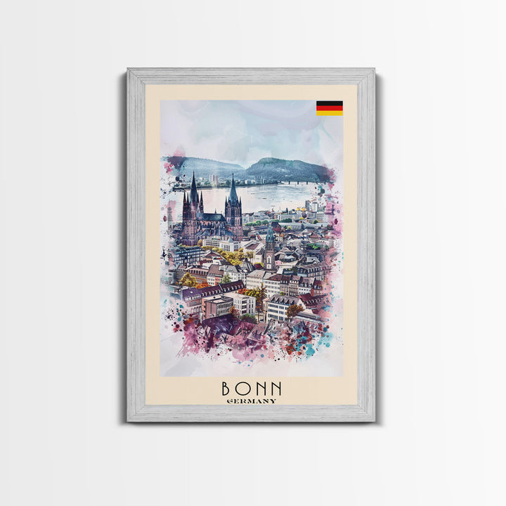 Bonn Germany Travel Poster Framed Canvas Print, Wall Art, Home Decor, Travel Print, River View, Watercolor Painting, Original Art