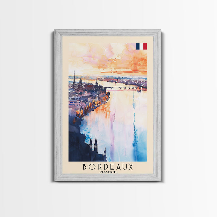Bordeaux France Travel Poster Framed Canvas Print, Wall Art, Home Decor, Travel Print, Sunset View, Watercolor Art, Original Art
