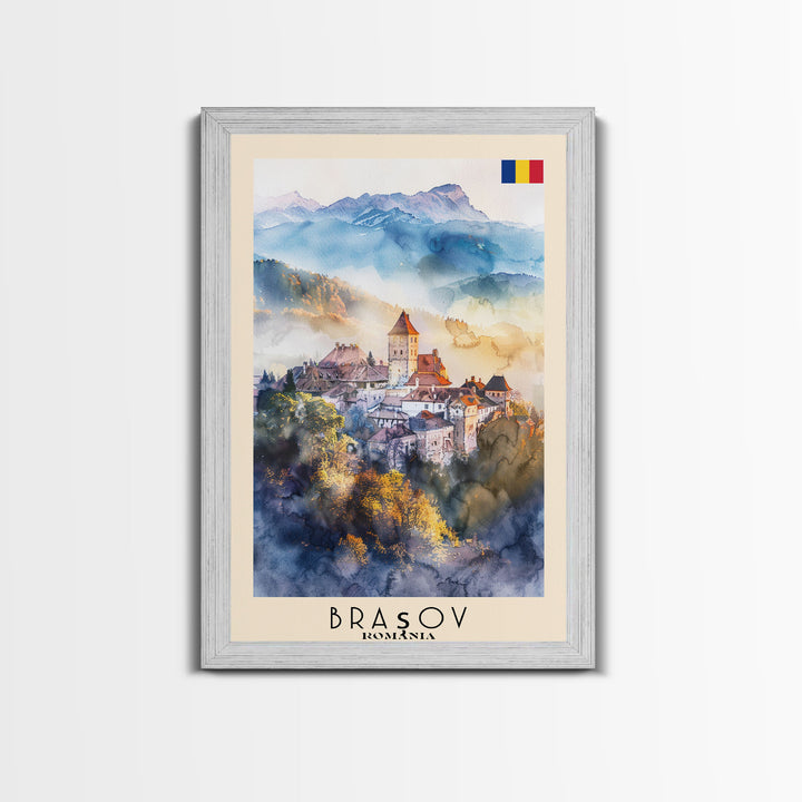 Bra?ov Romania Travel Poster Framed Canvas Print, Wall Art, Home Decor, Travel Print, Mountain View, Watercolor Painting, Original Art
