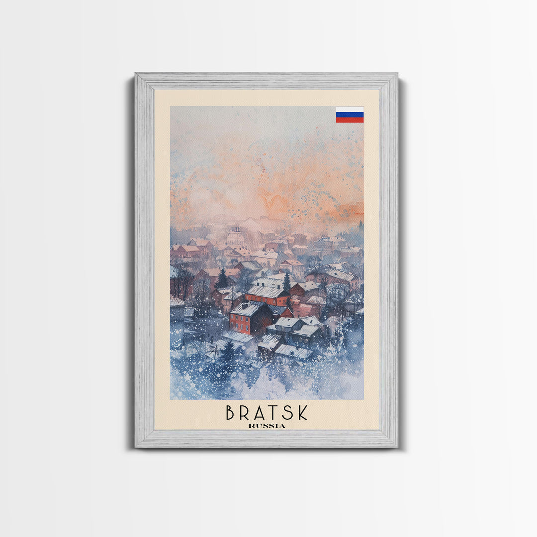 Bratsk Russia Travel Poster Framed Canvas Print, Winter Scene, Wall Art, Home Decor, Travel Print, Abstract Watercolor, Minimalist Art