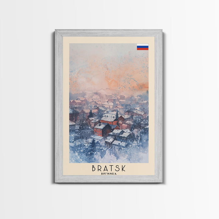 Bratsk Russia Travel Poster Framed Canvas Print, Winter Scene, Wall Art, Home Decor, Travel Print, Abstract Watercolor, Minimalist Art