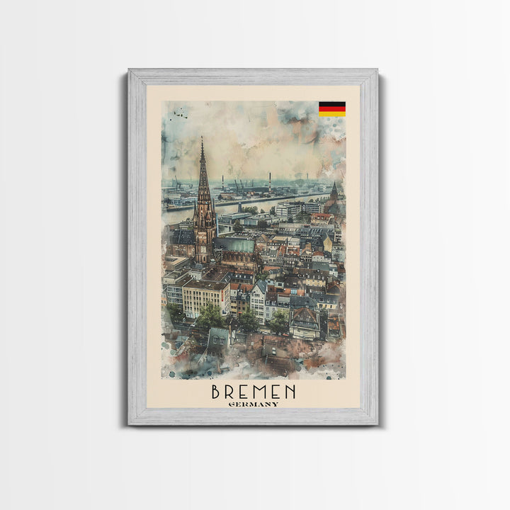 Bremen Germany Travel Poster Framed Canvas Print, Cityscape Art, Wall Decor, Travel Print, Watercolor Painting, Urban Scene, Minimalist Art