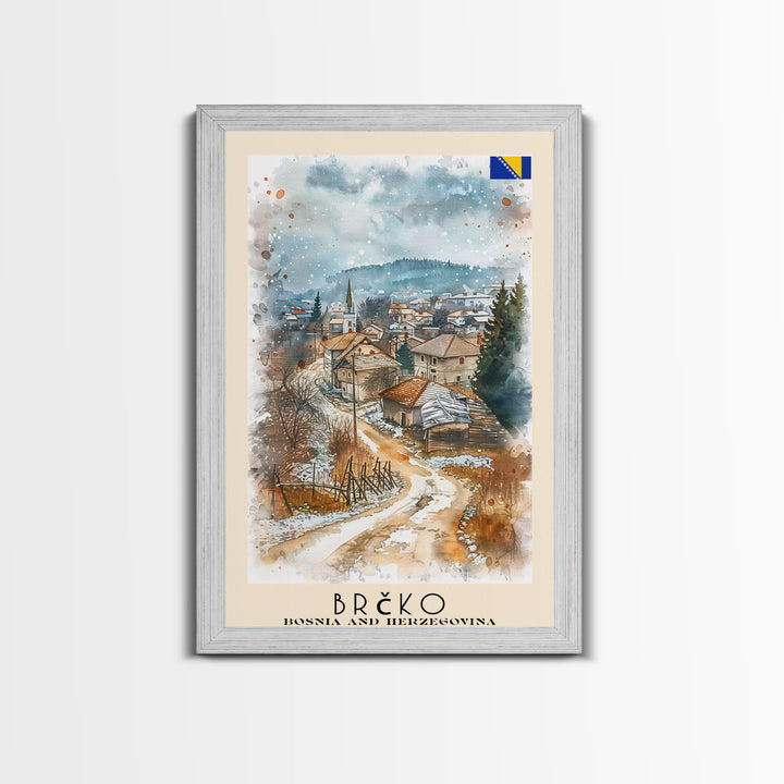 Brčko Bosnia Travel Poster Framed Canvas Print, Cityscape Art, Wall Decor, Travel Print, Watercolor Painting, Urban Scene Art