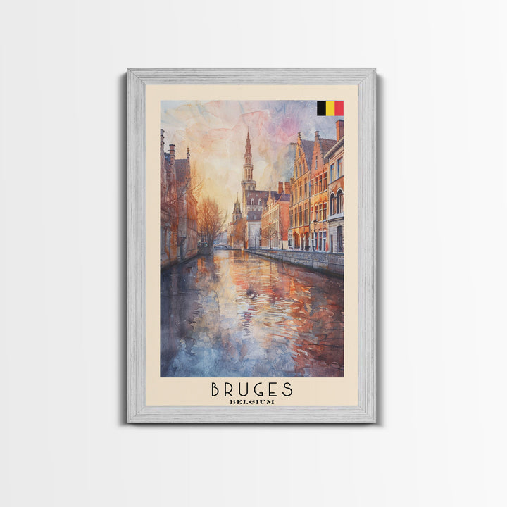 Bruges Belgium Travel Poster Framed Canvas Print, Watercolor Painting, Boho Wall Art, Home Decor, Living Room Art, Minimalist Travel Print