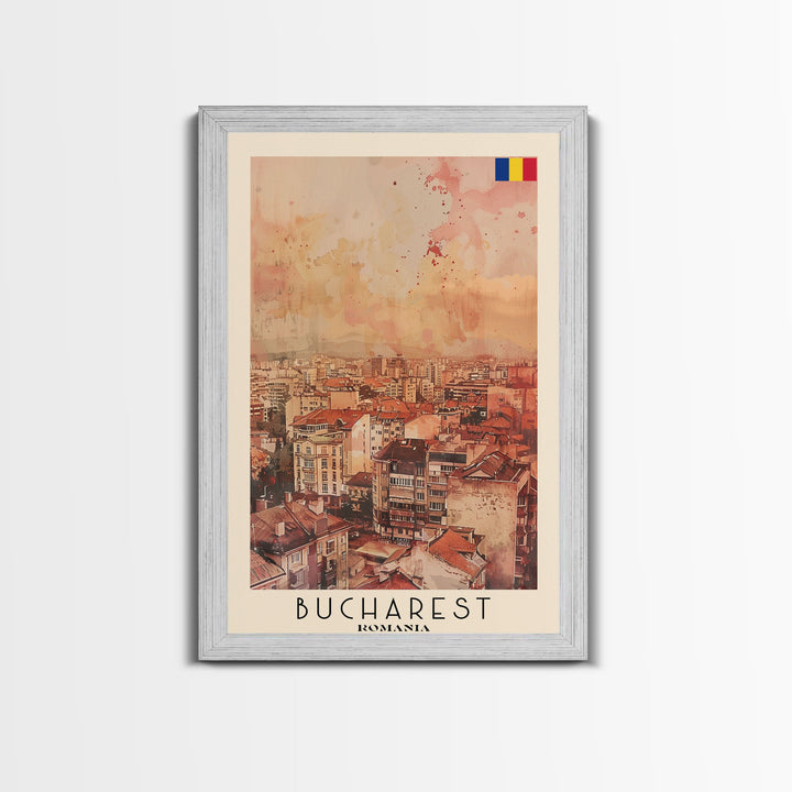 Bucharest Romania Travel Poster Framed Canvas Print, Abstract Cityscape, Boho Wall Art, Home Decor, Living Room Art, Watercolor Painting, Original Art