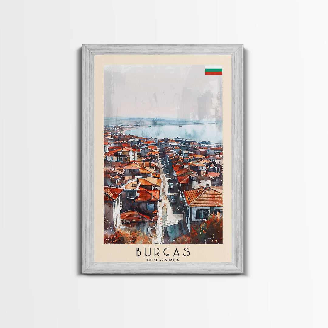 Burgas Bulgaria Travel Poster Framed Canvas Print, Coastal Cityscape, Watercolor Painting, Wall Art, Home Decor, Minimalist Travel Print, Urban Scene