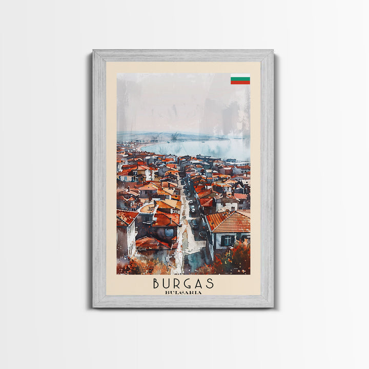 Burgas Bulgaria Travel Poster Framed Canvas Print, Coastal Cityscape, Watercolor Painting, Wall Art, Home Decor, Minimalist Travel Print, Urban Scene