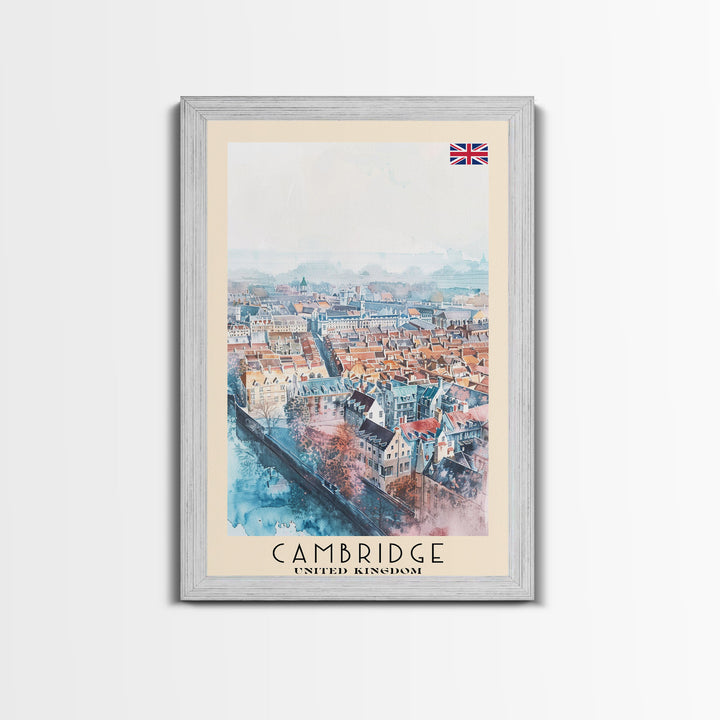 Cambridge United Kingdom Travel Poster Framed Canvas Print, Wall Art, Home Decor, Travel Print, Vacation Gift, Watercolor Painting, Original Art