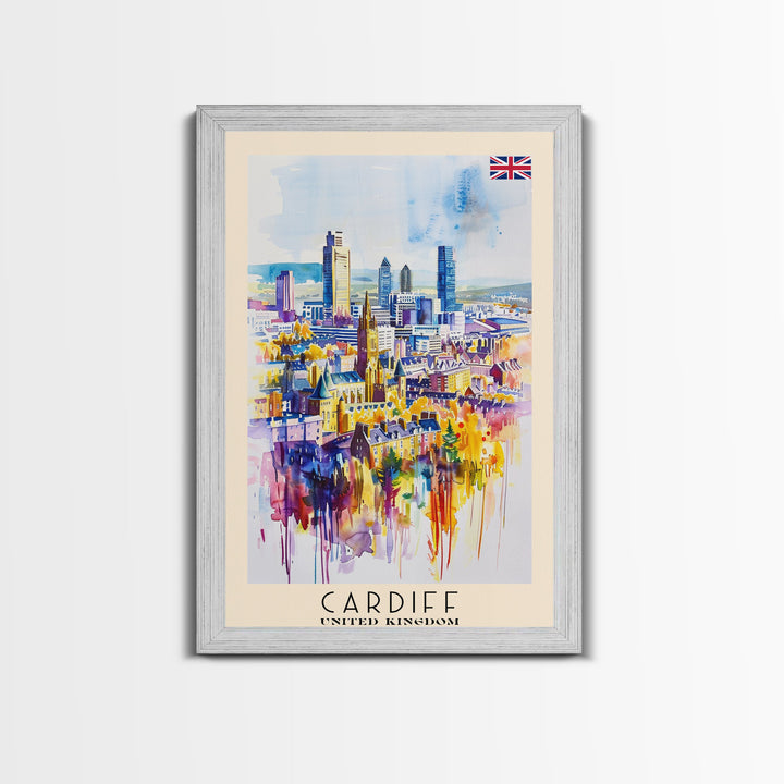 Cardiff United Kingdom Travel Poster Framed Canvas Print, Wall Art, Home Decor, Travel Print, Vacation Gift, Watercolor Painting, Original Art