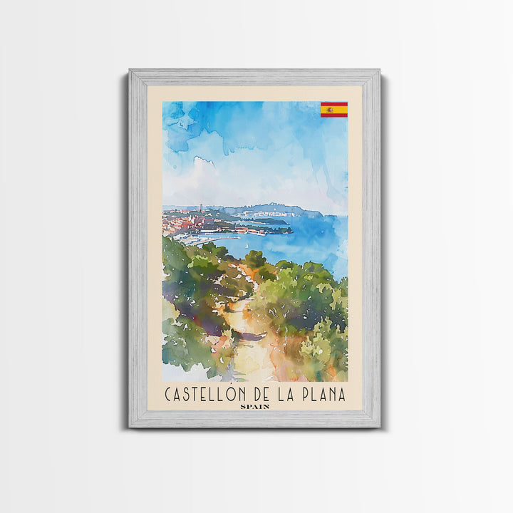 Castellón de la Plana Spain Travel Poster Framed Canvas Print, Wall Art, Home Decor, Travel Print, Vacation Gift, Watercolor Painting, Original Art