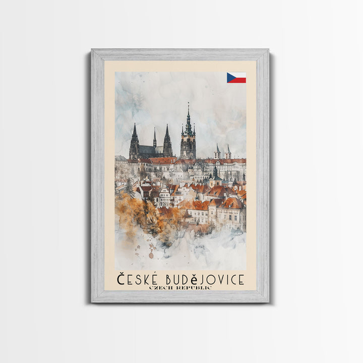 České Budějovice Czech Republic Travel Poster Framed Canvas Print, Wall Art, Home Decor, Travel Print, Vacation Gift, Watercolor Painting, Original Art