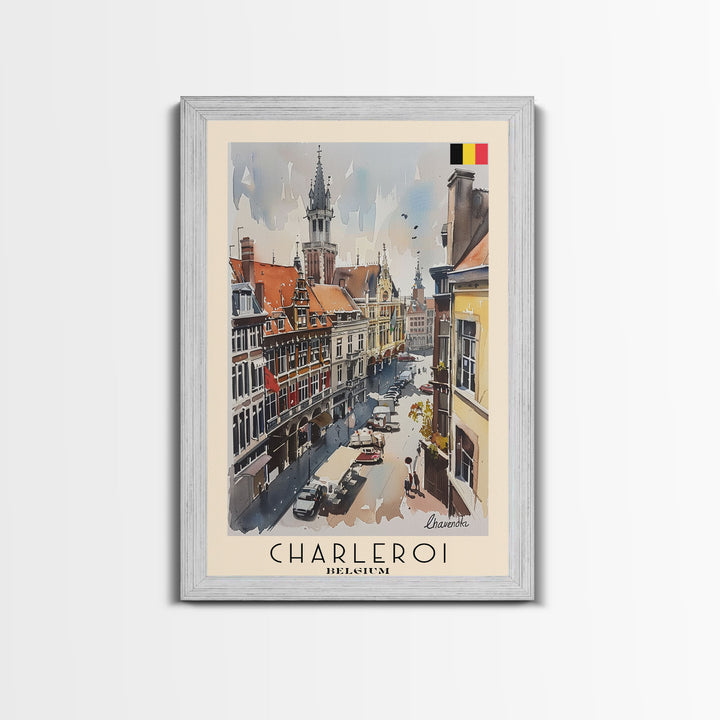 Charleroi Belgium Travel Poster Framed Canvas Print, Wall Art, Home Decor, Travel Print, Vacation Gift, Watercolor Painting, Original Art