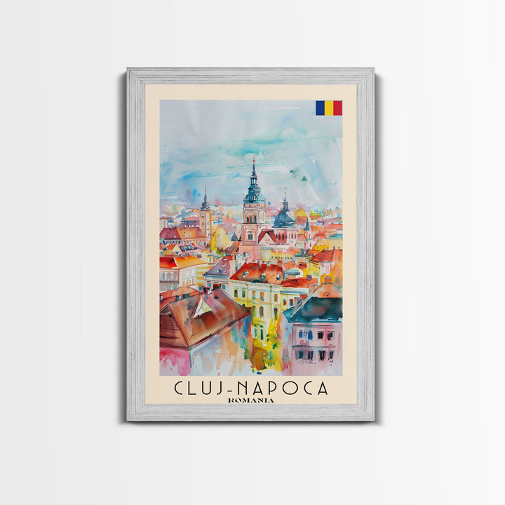 Cluj-Napoca Romania Travel Poster Framed Canvas Print, Wall Art, Home Decor, Travel Print, Boho Watercolor Painting, Original Art
