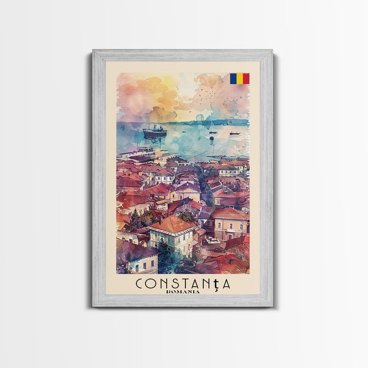 Constanta Romania Framed Canvas Print, Travel Poster Art, Watercolor Painting, Coastal Cityscape Wall Art, Home Decor, Living Room Artwork, Travel Print