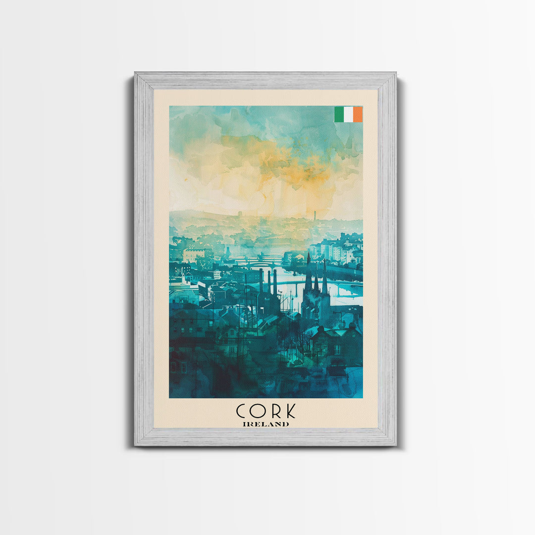 Cork Ireland Watercolor Travel Poster, Framed Canvas Print, Cityscape Wall Art, Home Decoration, Living Room Decor, Original Artwork, Travel Print