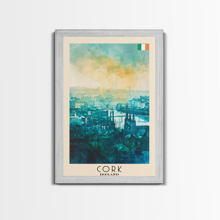 Cork Ireland Watercolor Travel Poster, Framed Canvas Print, Cityscape Wall Art, Home Decoration, Living Room Decor, Original Artwork, Travel Print