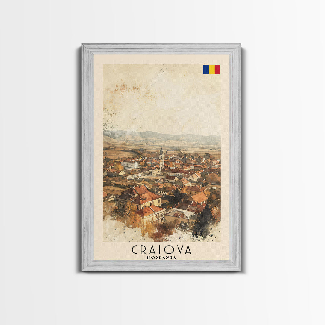Craiova Romania Watercolor Cityscape, Framed Canvas Print, Travel Poster Art, Home Decor, Living Room Wall Art, Original Painting, Travel Print