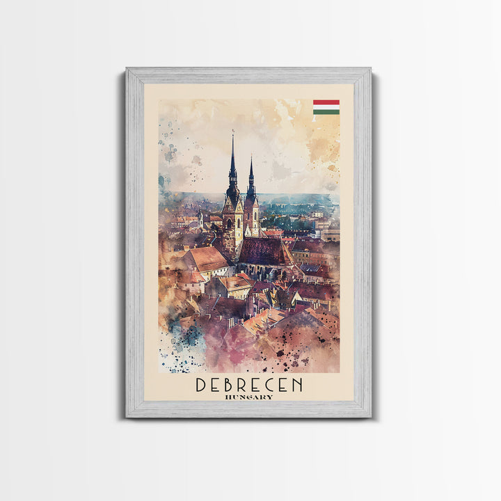Debrecen Hungary Travel Poster, Framed Canvas Print, Watercolor Cityscape, Home Decor, Living Room Wall Art, Original Painting, Travel Print