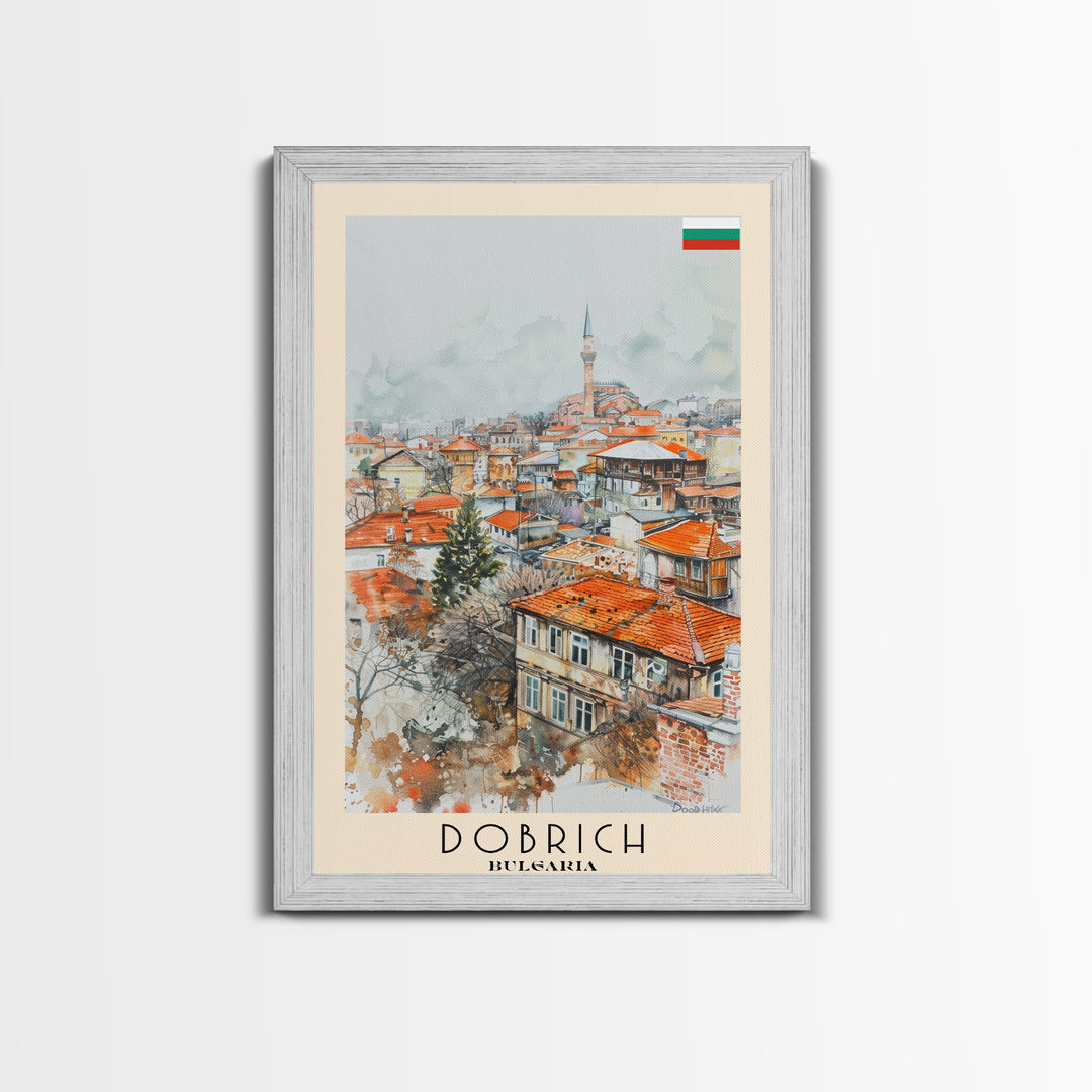 Dobrich Bulgaria Quaint Town Framed Canvas Print, Watercolor Travel Poster, Bulgarian Village Art, Rustic Home Decor, Vintage Wall Art, Living Room Enhancement