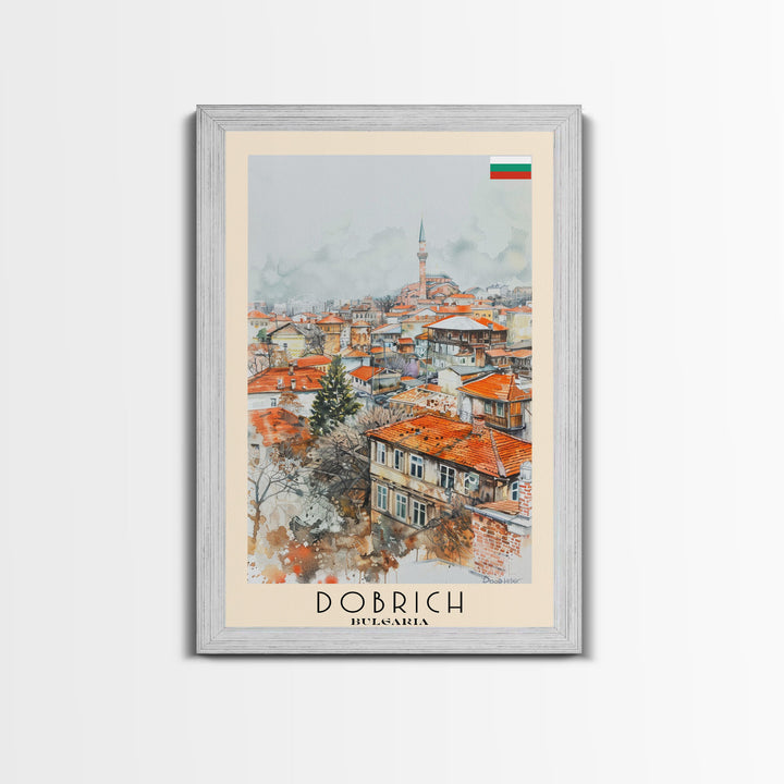 Dobrich Bulgaria Quaint Town Framed Canvas Print, Watercolor Travel Poster, Bulgarian Village Art, Rustic Home Decor, Vintage Wall Art, Living Room Enhancement
