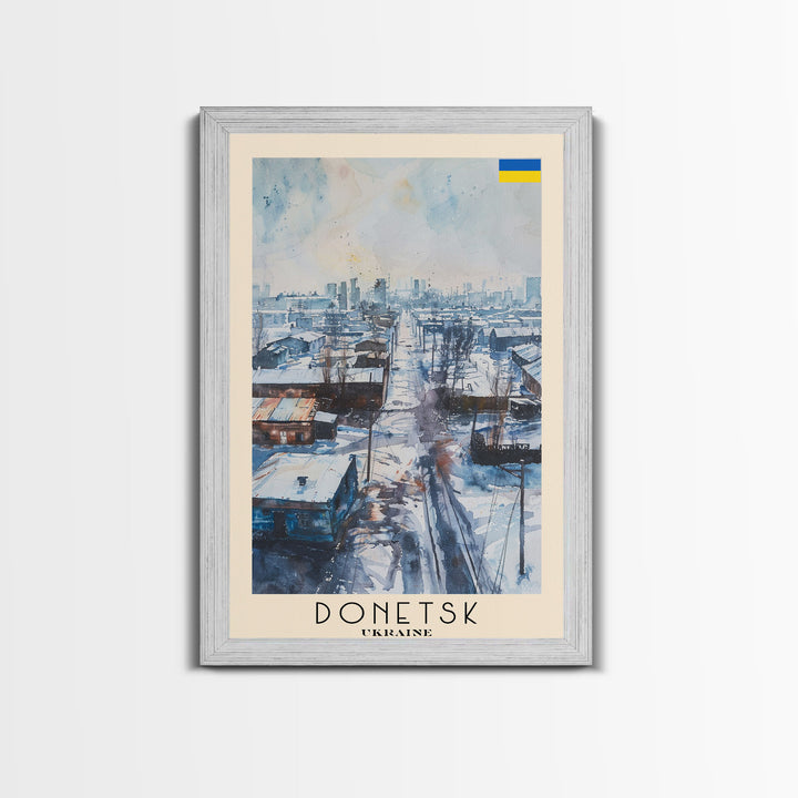 Donetsk Ukraine Winter Scene Framed Canvas Print, Watercolor Travel Poster, Ukrainian Urban Art, Cold Season Decor, Unique Wall Art, Living Room Decoration