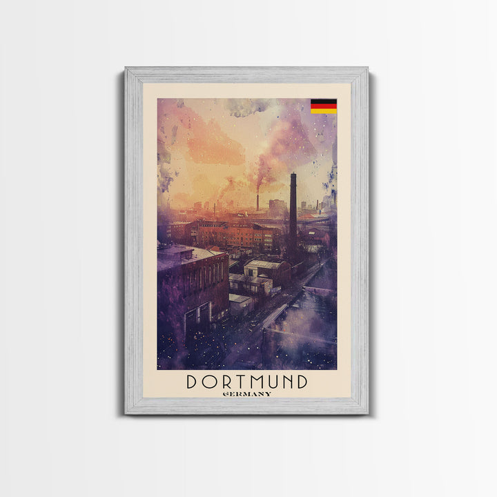 Dortmund Germany Industrial Cityscape Framed Canvas Print, Watercolor Travel Poster, German Urban Art, Modern Home Decor, Industrial Wall Art, Living Room Design