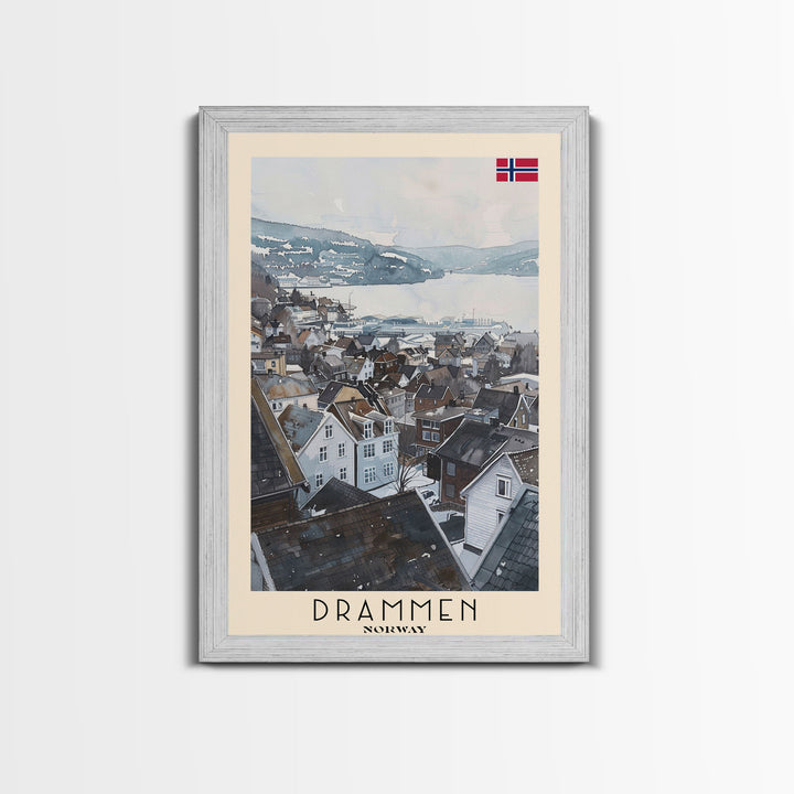 Drammen Norway Serene Landscape Framed Canvas Print, Watercolor Travel Poster, Norwegian Scenic Art, Tranquil Home Decor, Peaceful Wall Art, Living Room Beauty