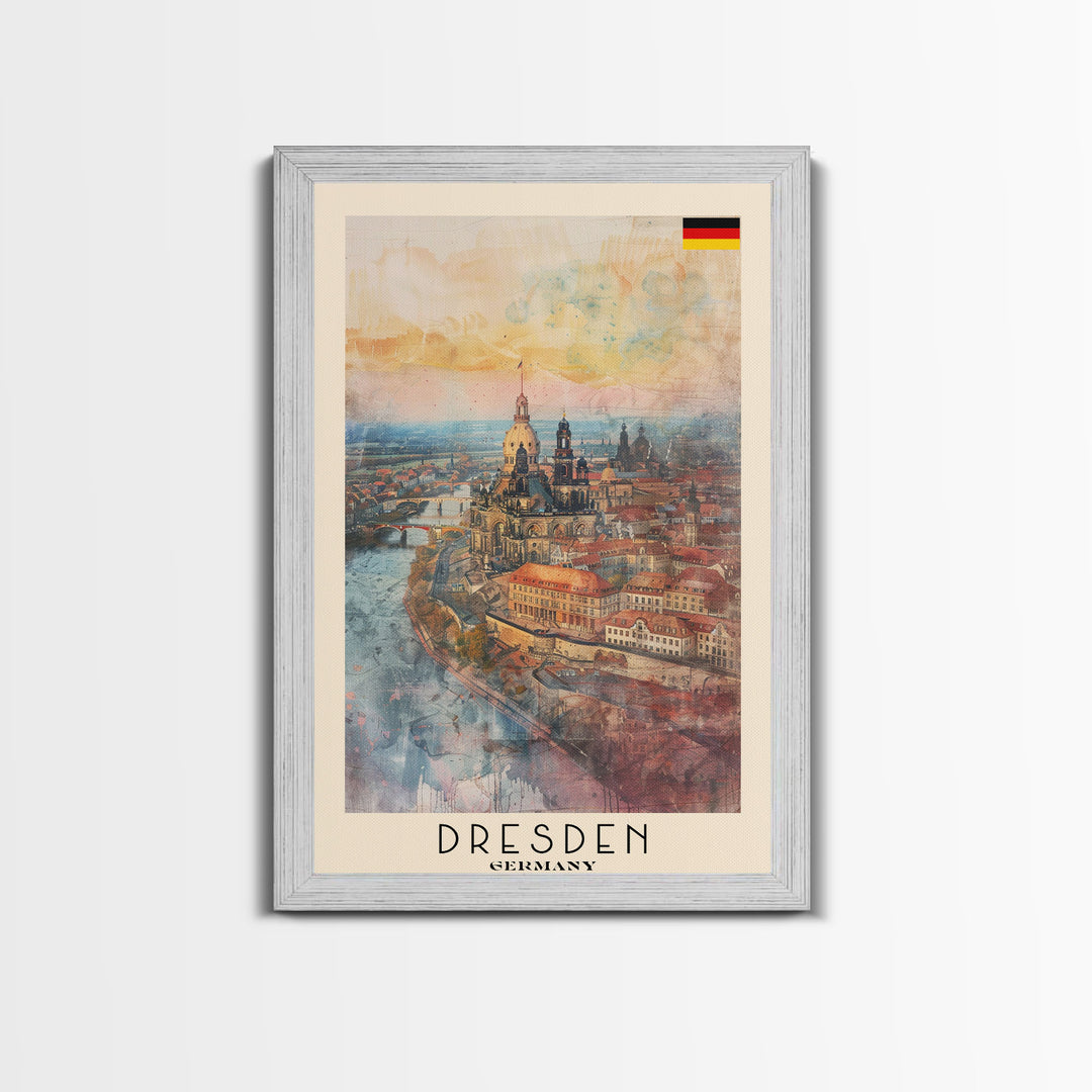 Dresden Germany Architectural Marvel Framed Canvas Print, Watercolor Travel Poster, German Historical Art, Elegant Home Decor, Classic Wall Art, Living Room Centerpiece