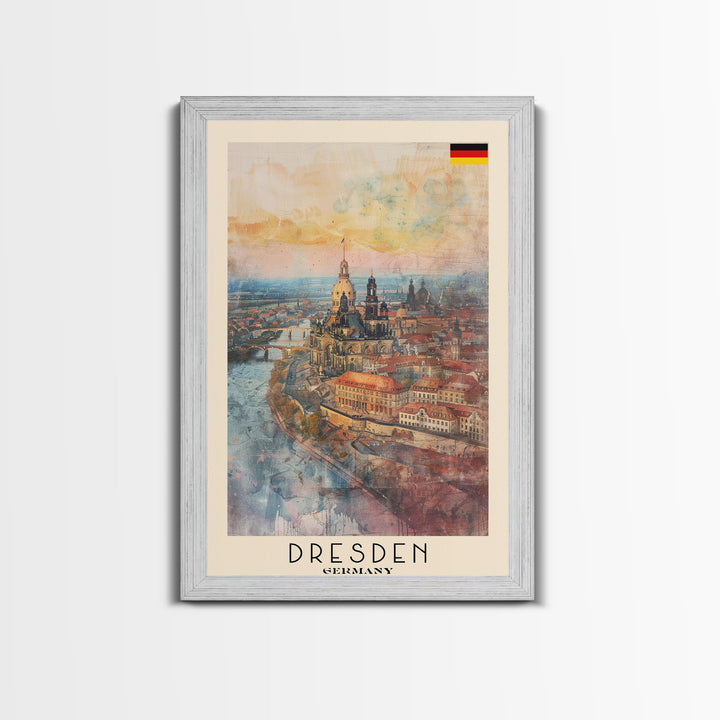 Dresden Germany Architectural Marvel Framed Canvas Print, Watercolor Travel Poster, German Historical Art, Elegant Home Decor, Classic Wall Art, Living Room Centerpiece