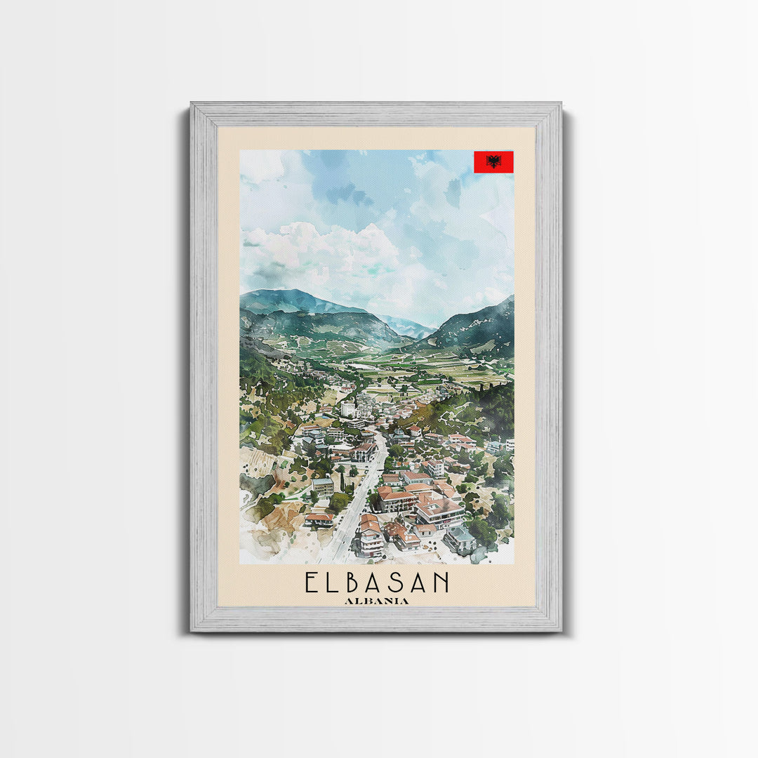 Elbasan, Albania Framed Canvas Print. Mountain Charm Wall Art for Living Room or Bedroom, Scenic Travel Poster Decor.