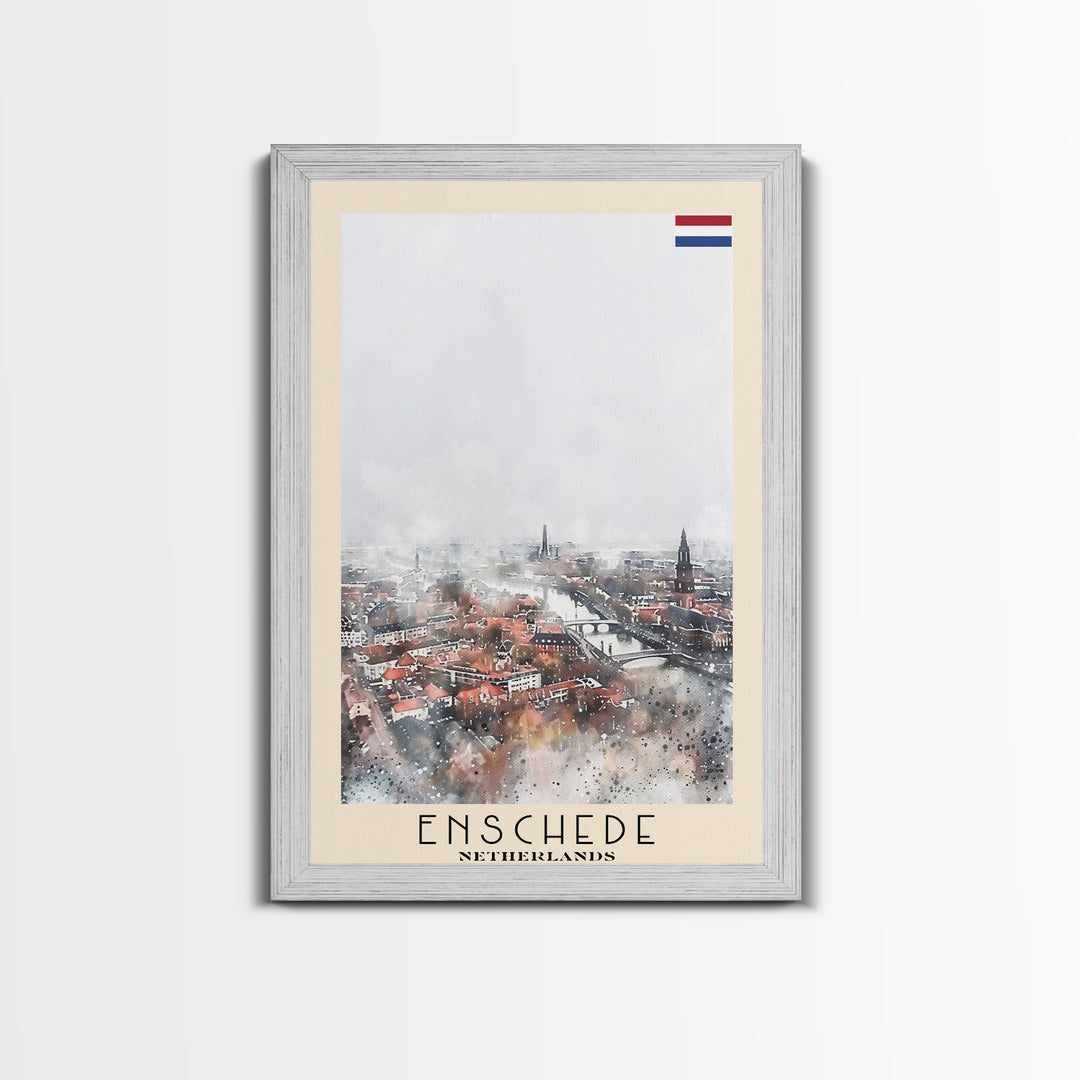 Enschede, Netherlands Framed Canvas Print. Urban Winter Wall Art for Living Room or Bedroom Decor, Travel Poster Art.