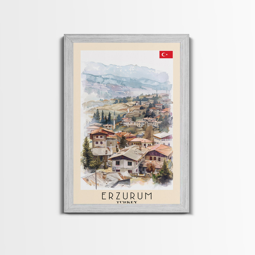 Erzurum Turkey Scenic Watercolor Framed Canvas Print, Stunning Travel Poster Art for Living Room and Bedroom Wall Decor