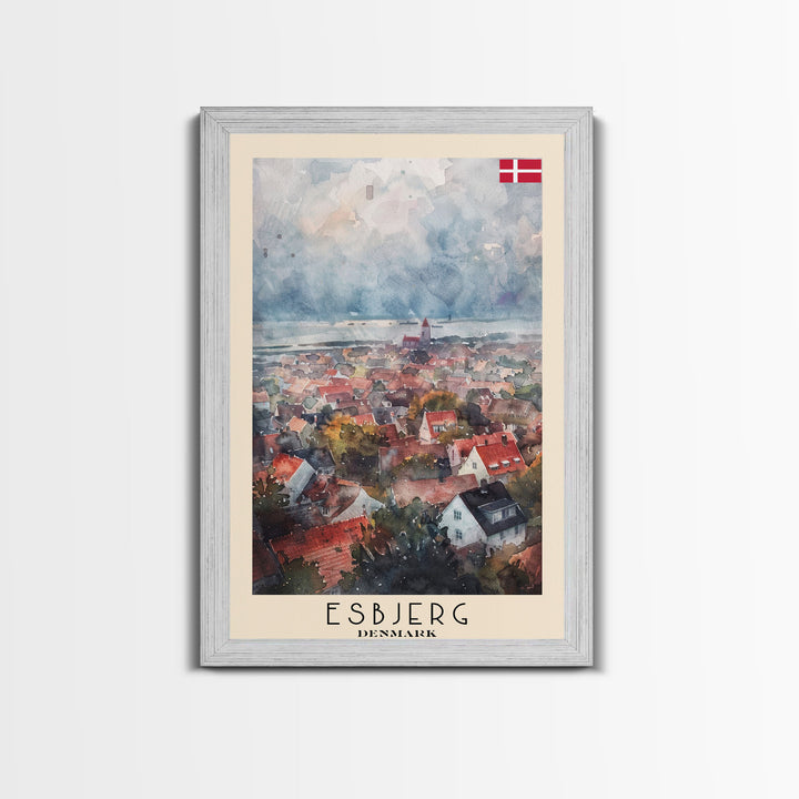 Esbjerg Denmark Skyline Watercolor Framed Canvas Print, Beautiful Travel Poster Art for Home and Office Wall Decor