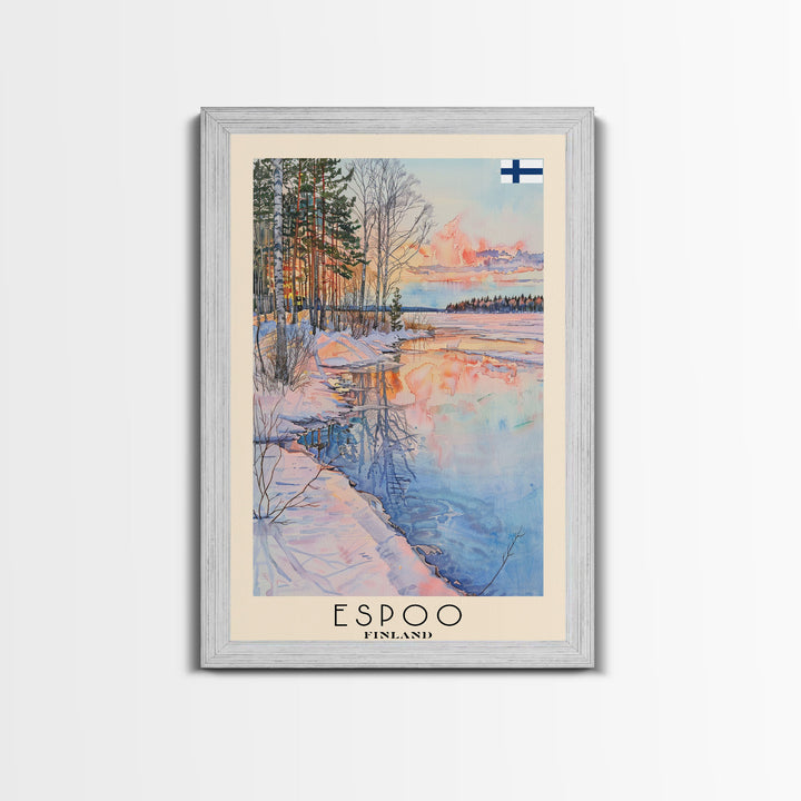 Espoo Finland Serene Landscape Watercolor Framed Canvas Print, Tranquil Travel Poster Art for Home and Office Wall Decor