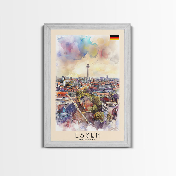 Essen Germany Vibrant Cityscape Watercolor Framed Canvas Print, Dynamic Travel Poster Art for Living Room and Bedroom Decor