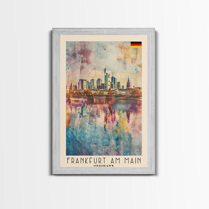 Frankfurt Germany Modern Skyline Watercolor Framed Canvas Print, Contemporary Travel Poster Art for Home and Office Wall Decor