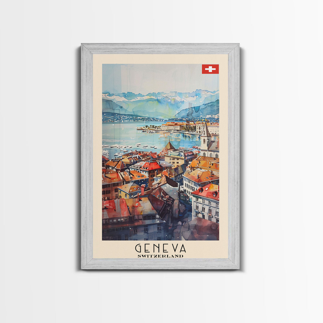 Geneva, Switzerland Travel Poster Art, Framed Canvas Print for Living Room or Bedroom, Scenic Wall Art, Home Decoration
