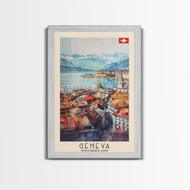 Geneva, Switzerland Travel Poster Art, Framed Canvas Print for Living Room or Bedroom, Scenic Wall Art, Home Decoration