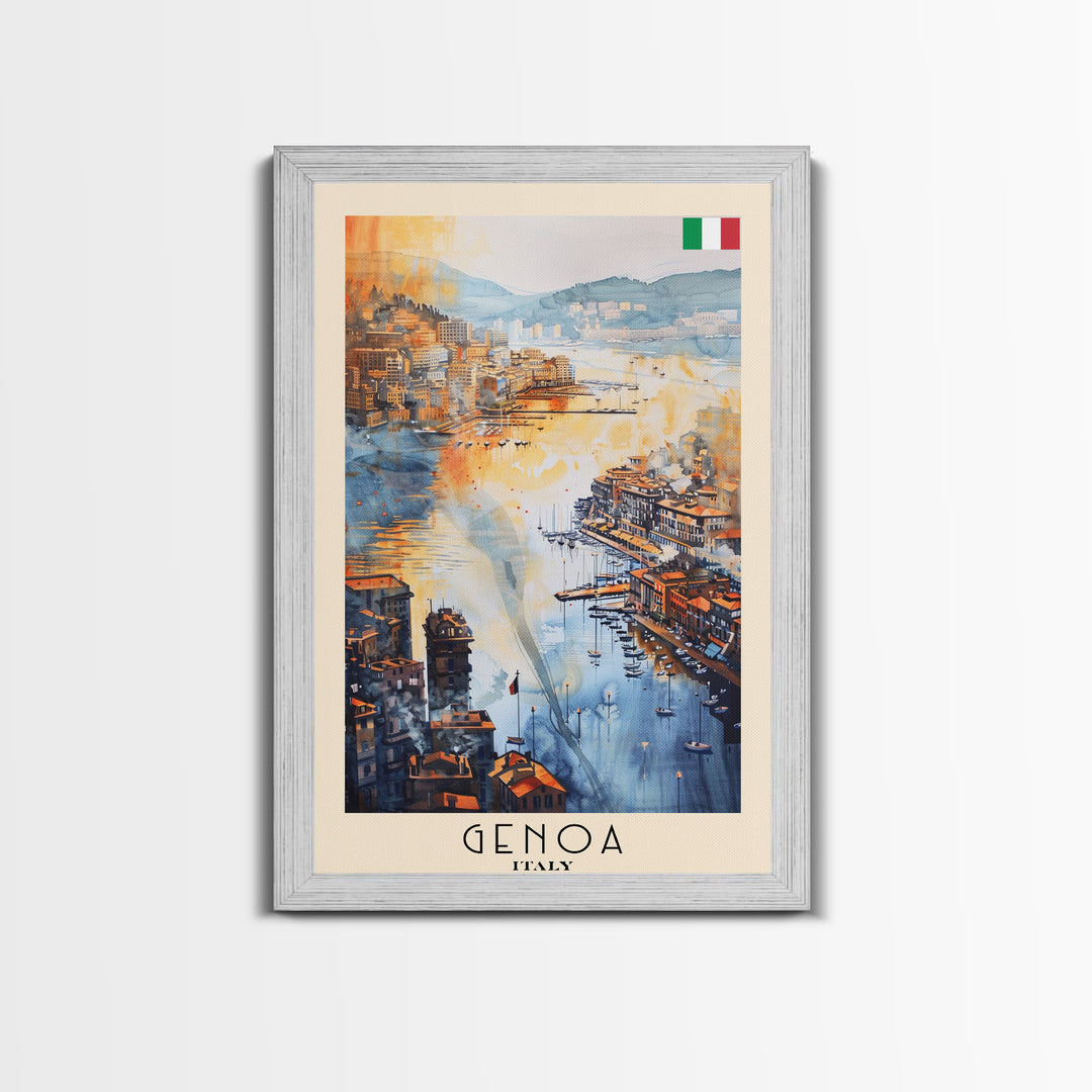 Genoa Italy Watercolor Cityscape Art, Framed Canvas Print, Wall Art for Living Room, Travel Poster Art, Home Decor, Italian Art