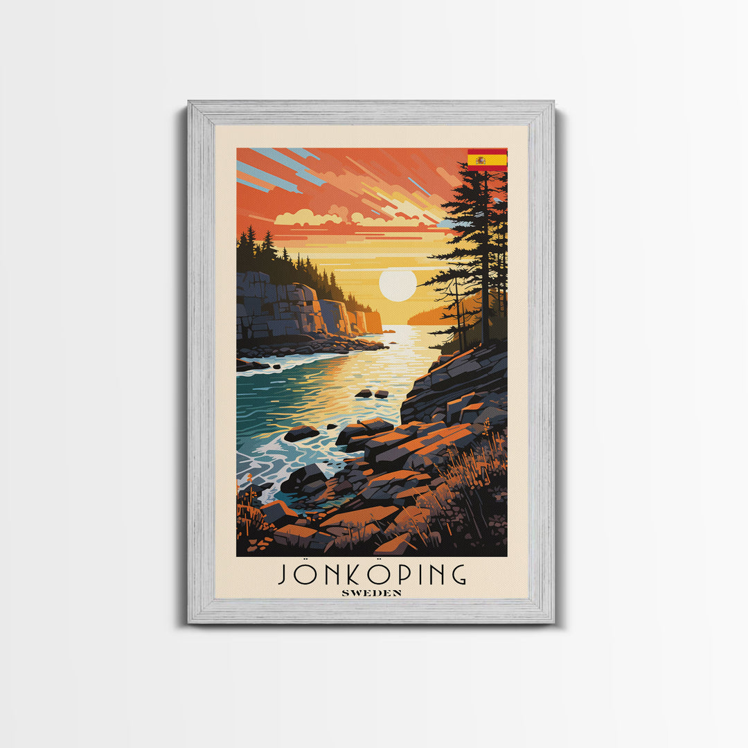 Jonkoping Sweden Lakeside View, Framed Canvas Print, Travel Poster, Serene Wall Art, Bedroom Decor, Scandinavian Cityscape, Modern Home Decoration