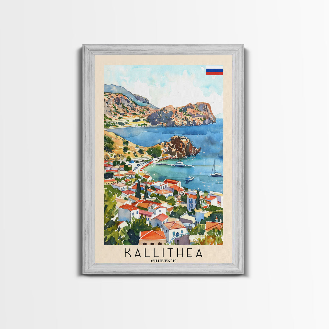 Kallithea Greece Coastal City View, Framed Canvas Print, Travel Poster, Mediterranean Wall Art, Living Room Decor, Greek Cityscape, Seaside Home Decoration