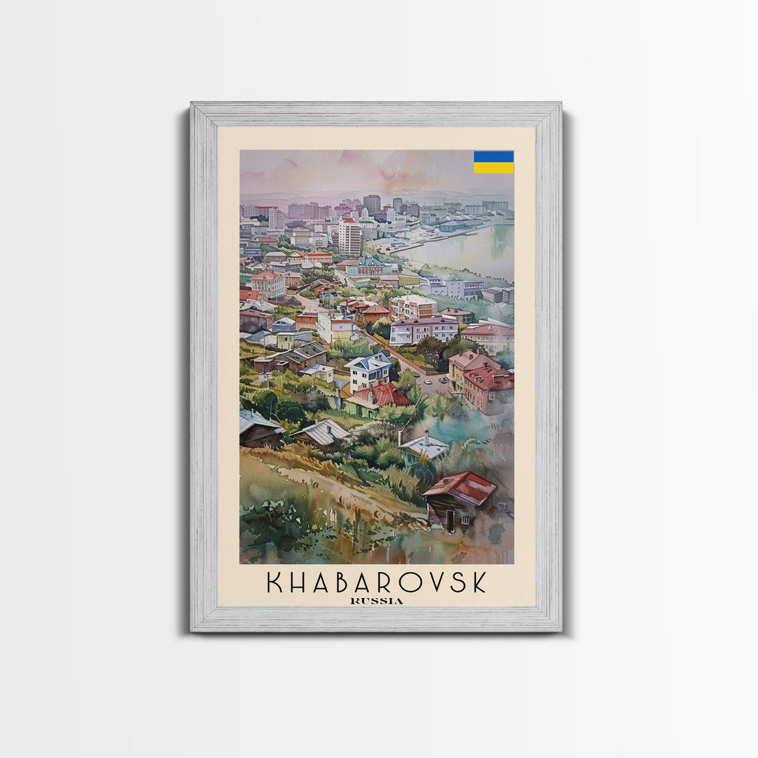 Khabarovsk Russia Riverside View, Framed Canvas Print, Travel Poster, Wall Art, Home Decor, Living Room Decoration, Russian Cityscape Art