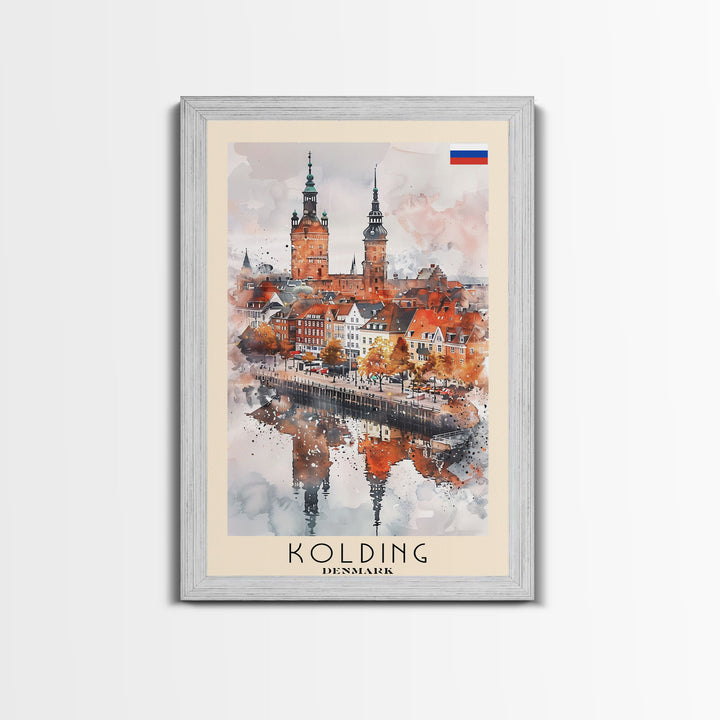 Kolding Denmark Waterfront View, Framed Canvas Print, Travel Poster, Wall Art, Kitchen Decor, Danish Urban Painting, Waterfront Scenery