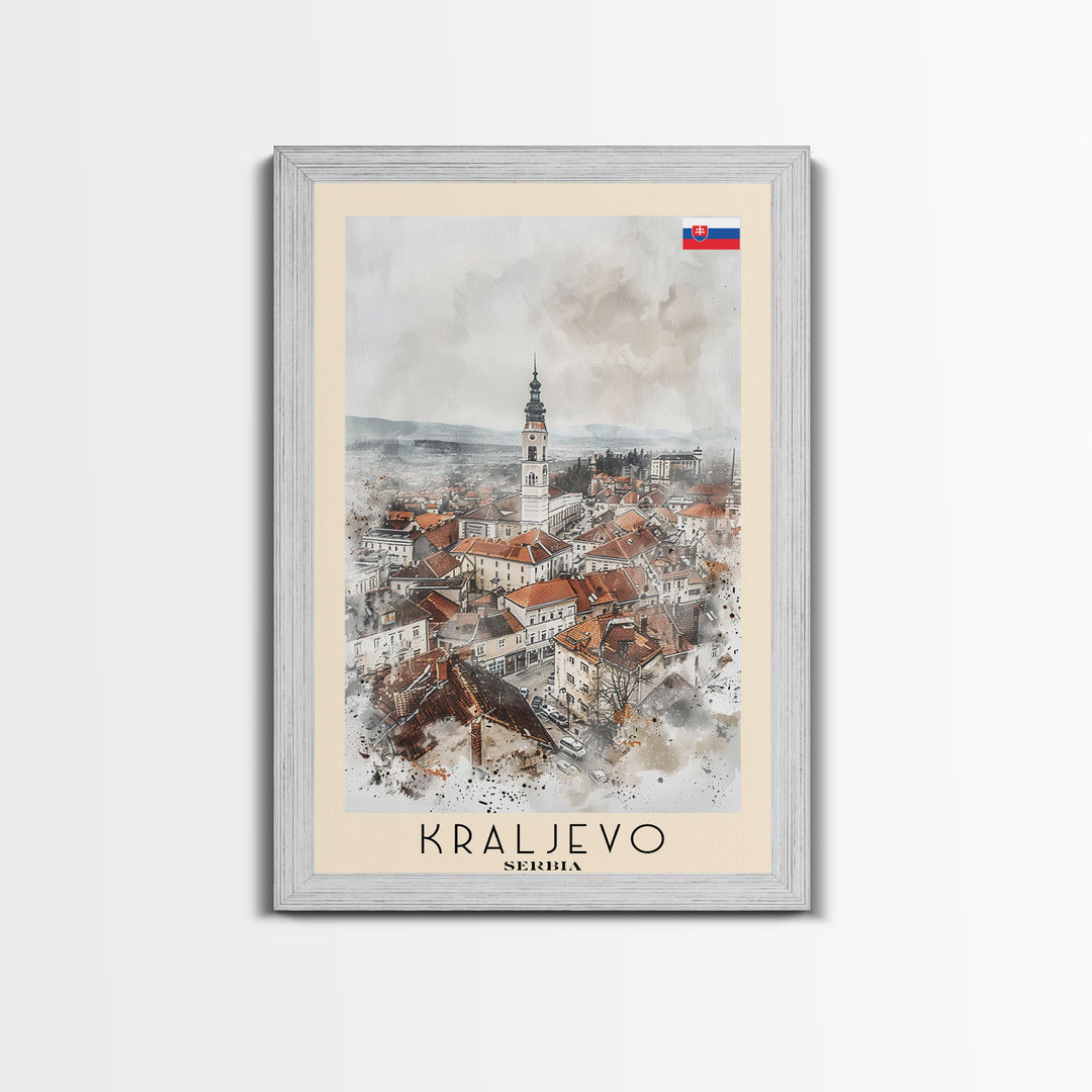 Kraljevo Serbia Travel Poster Framed Canvas Print, Urban Landscape, Watercolor Wall Art, Home Decor, Original Art, Travel Print
