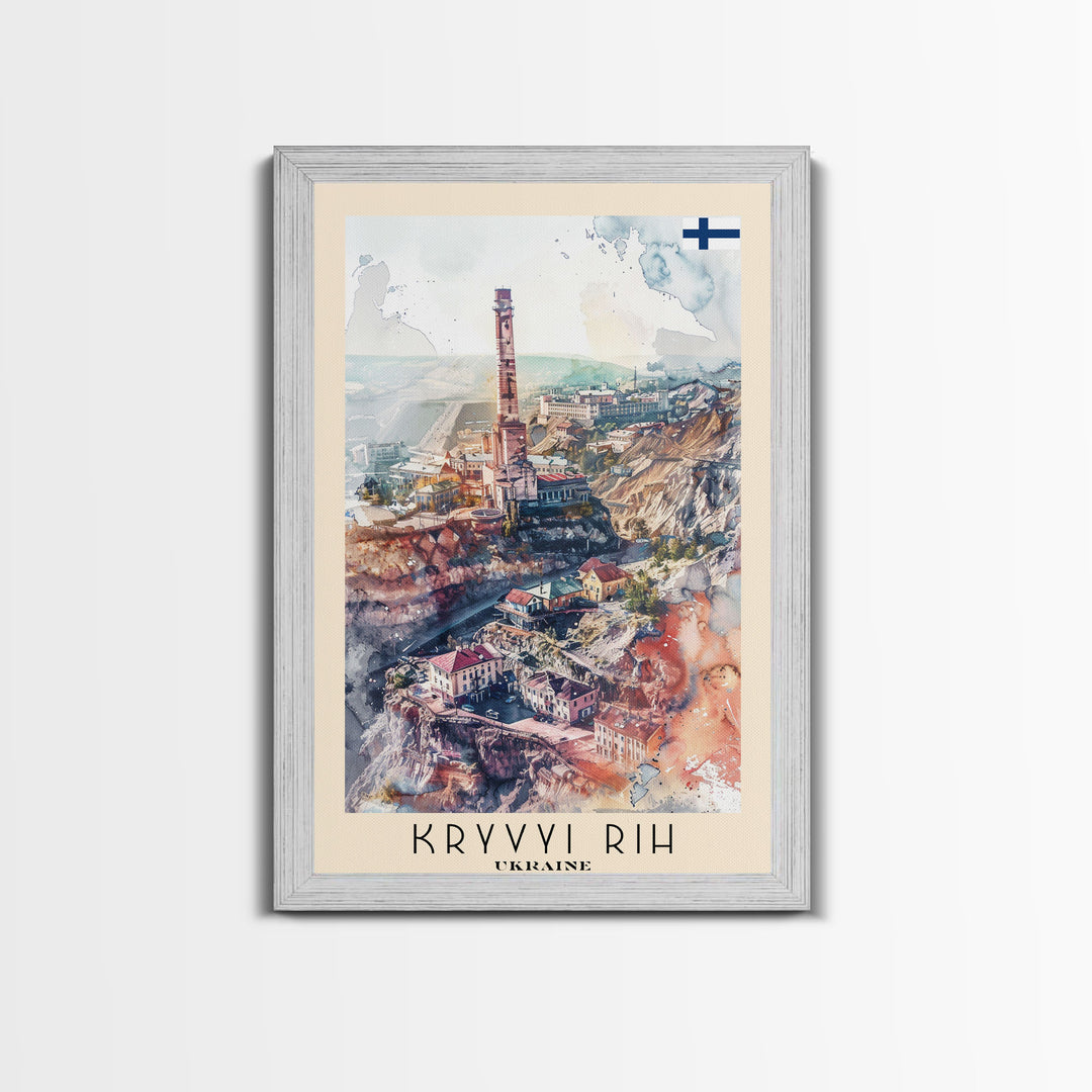 Kryvyi Rih Ukraine Travel Poster Framed Canvas Print, Watercolor Cityscape, Home Decor, Wall Art, Travel Print, Original Art
