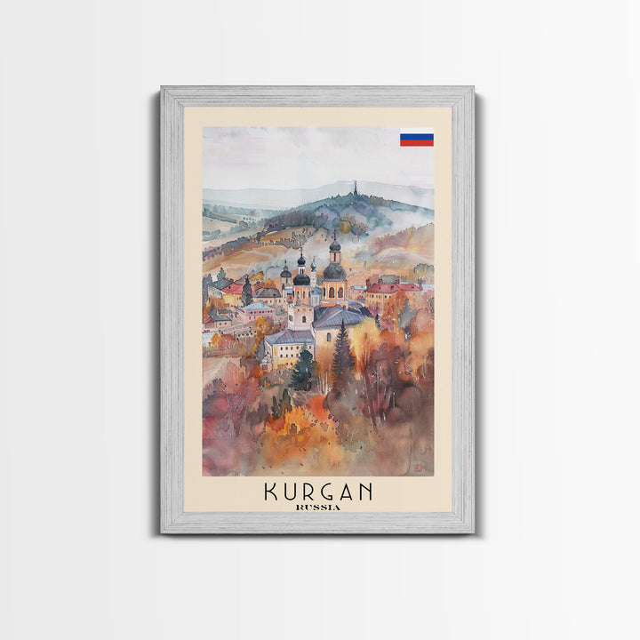 Kurgan Russia Travel Poster Framed Canvas Print, Urban Landscape, Watercolor Art, Wall Decor, Home Decoration, Travel Print, Original Art