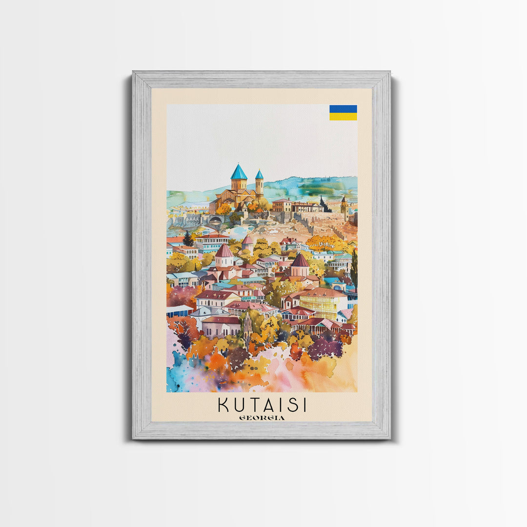 Kutaisi Georgia Travel Poster Framed Canvas Print, Scenic Landscape, Watercolor Art, Wall Decor, Home Decoration, Travel Print, Original Art