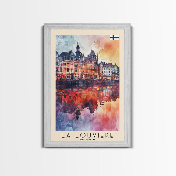 La Louviere Belgium Travel Poster Framed Canvas Print, Urban Landscape, Watercolor Art, Wall Decor, Home Decor, Travel Print, Original Art