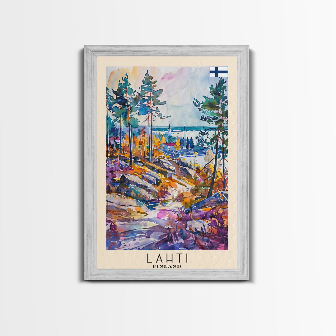 Lahti Finland Travel Poster Framed Canvas Print, Scenic Landscape, Watercolor Art, Wall Decor, Home Decoration, Travel Print, Original Painting