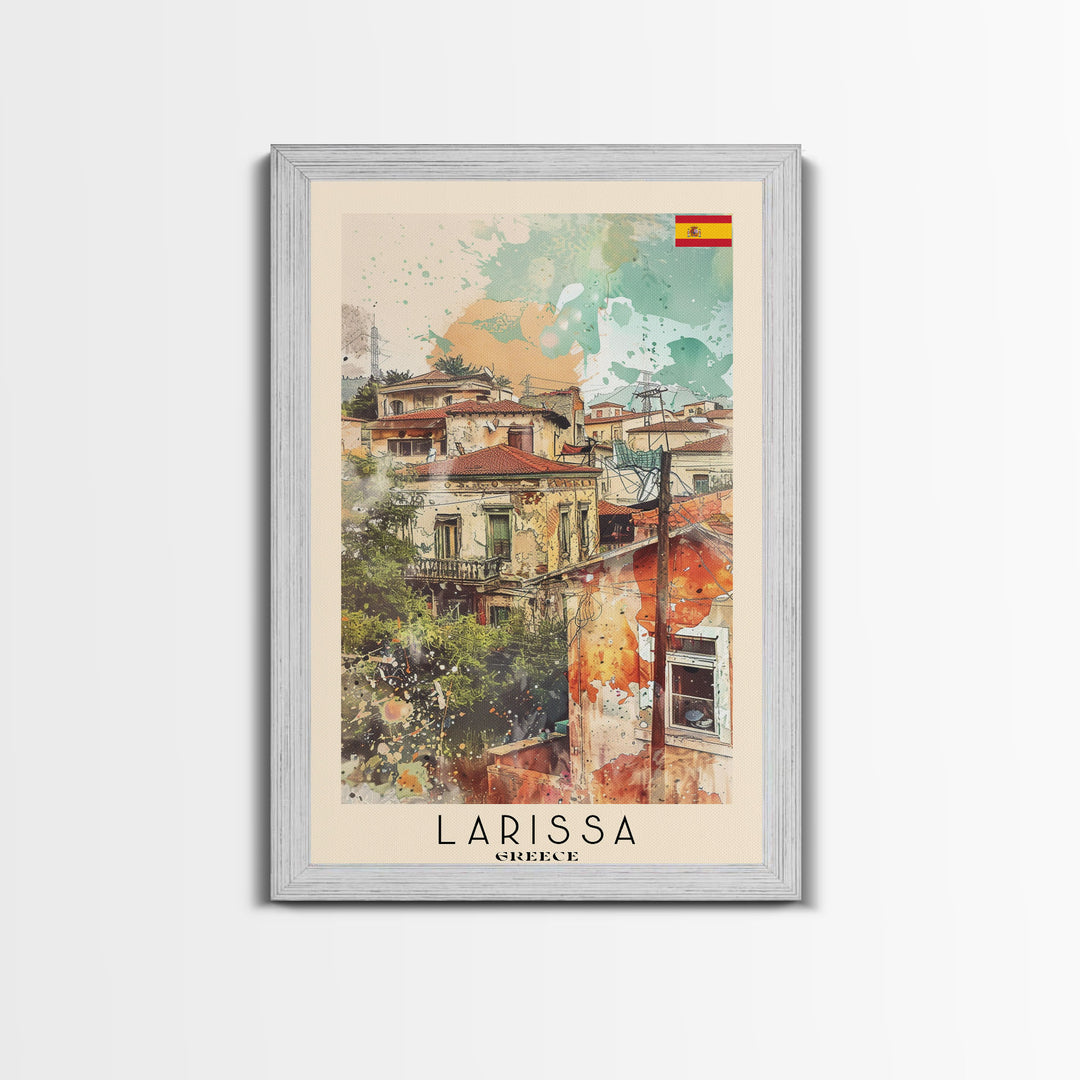 Larissa Greece Travel Poster Framed Canvas Print, Urban Landscape, Watercolor Art, Wall Decor, Home Decoration, Travel Print, Original Art